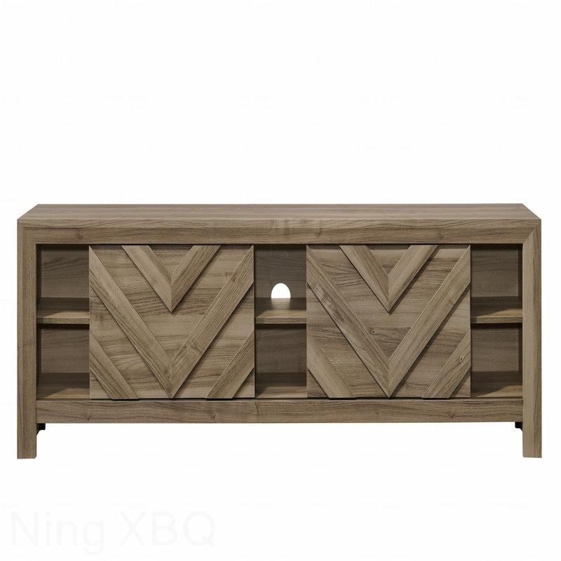 1Pc Rustic Chevron-Patterned Contemporary Traditional Interiors Entertainment Console TV Stand Living Room Furniture Light Brown Warm Wood Finish