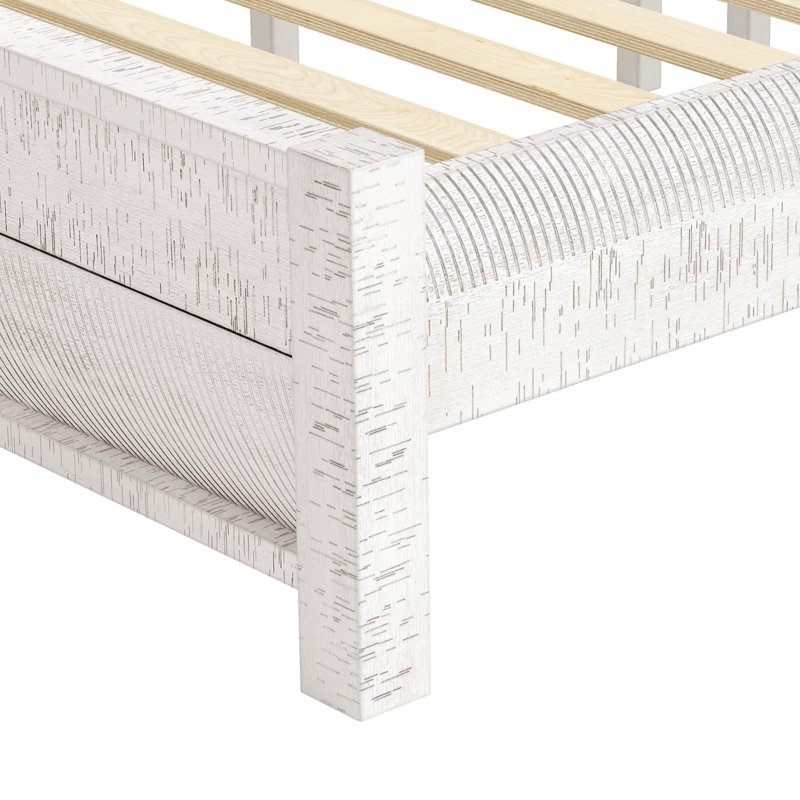 Echo Farmhouse Solid Wood Platform Bed, Distressed Panel Bed Frame, Rustic Country Cottage Style, Rustic White, Queen