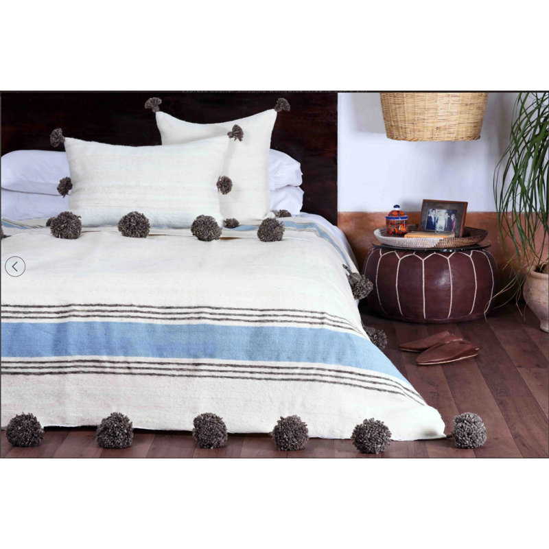 Hand Woven Blanket, White/Blue/Brown