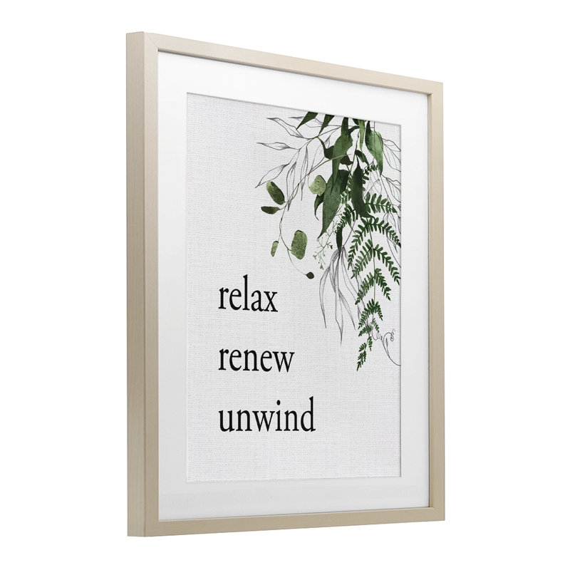 «Relax Renew Unwind with Foliage», reproduction encadrée sous verre, Cadre de récolte en pin, H 21 po x l 17 po