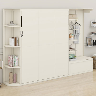 Functional Murphy Bed with Storage Shelves, LED Lights and Hanging Hooks