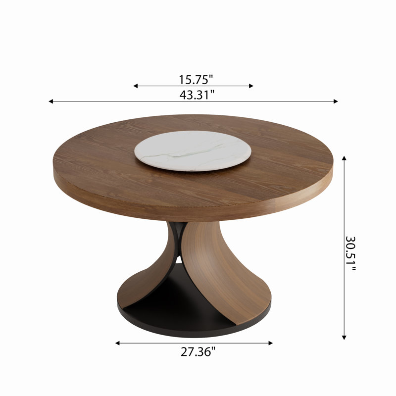 Table de salle à manger ronde en bois massif de ton noyer avec plateau amovible en marbre Susan