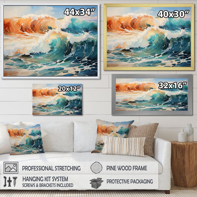 «Tropical Beach Waves Fusion IV» - Impressions sur toile nautiques et de plage, Cadre flottant doré