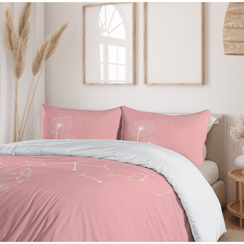 Coral White Botanical Dandelion King Duvet Cover Set