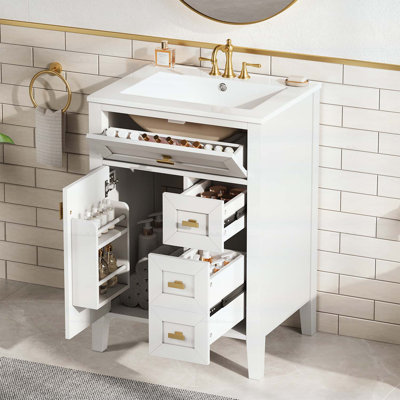 Meuble-lavabo de salle de bain avec lavabo, 3 tiroirs, support de porte à 2 niveaux