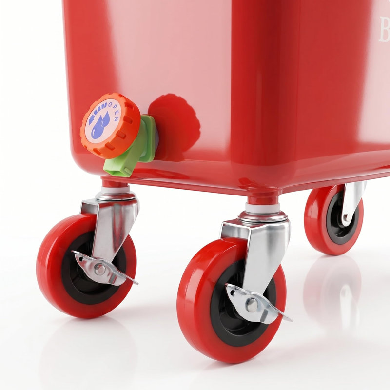 Bac à déchets de boissons commercial rouge avec roues verrouillables – Station de vidange à deux compartiments pour déchets liquides et solides, PEHD résistant aux fuites, pour bar, restaurant, traiteur et événements