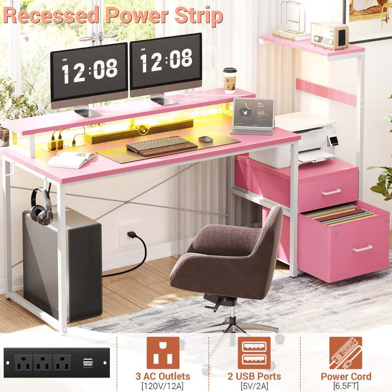 Bureau de jeu 60 po réversible avec support pour écran et tiroirs en tissu, Rose/Blanc