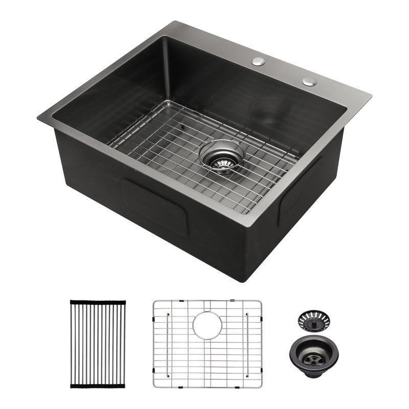 25 X 22 X 10 Inch Drop In Kitchen Sink Gunmetal Black Topmount 16 Gauge Deep Single Bowl Stainless Steel Sink Basin