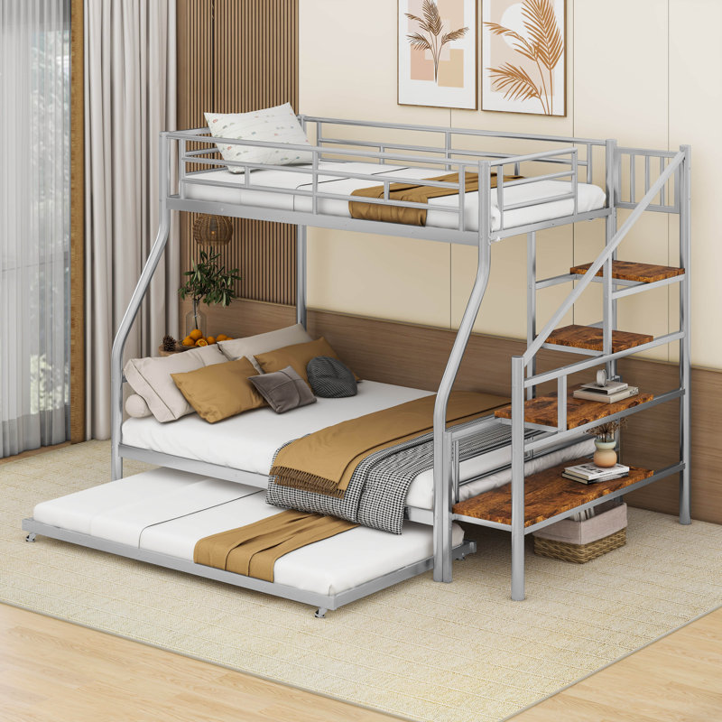 Lit superposé simple au dessus d'un futon en métal avec lit gigogne, Argent