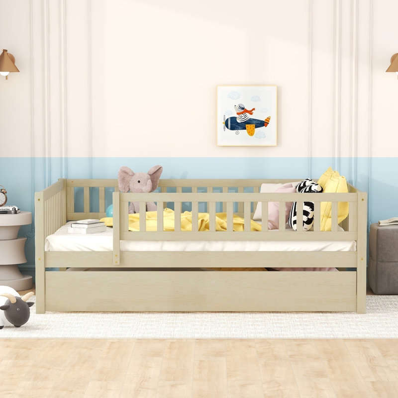 Wood Daybed With Trundle And Fence Guardrails, Natural, Full/Double