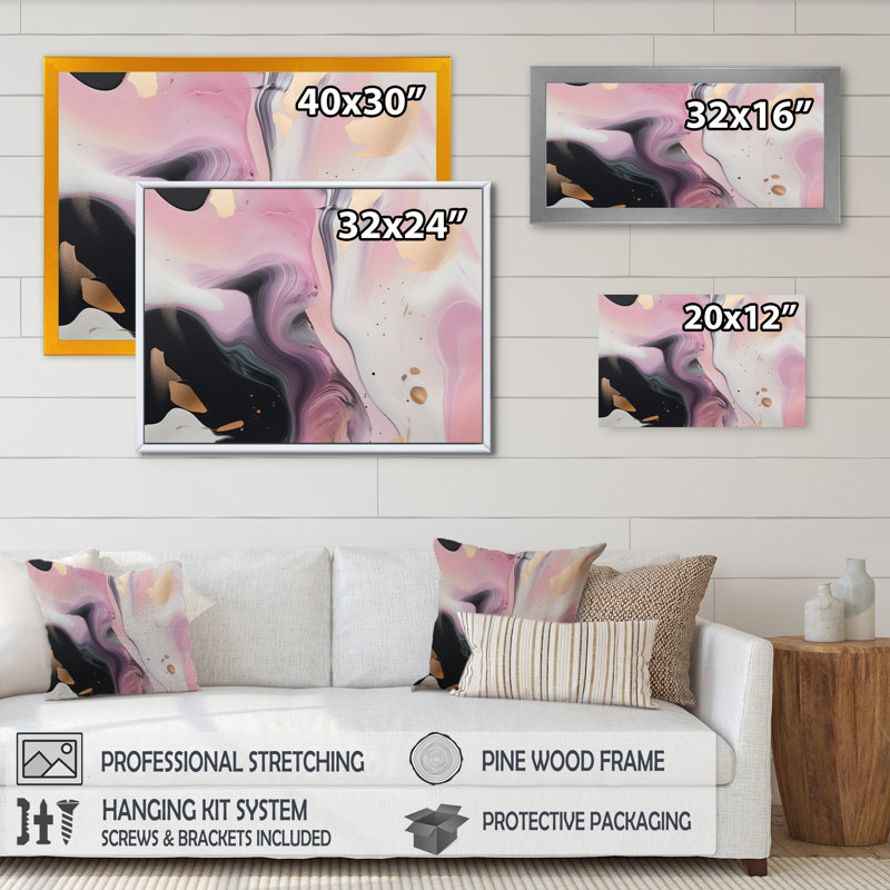 Décoration murale en marbre rose et noir mystérieux II, H 30 po x l 40 po x P 1,5 po, Cadre flottant noir