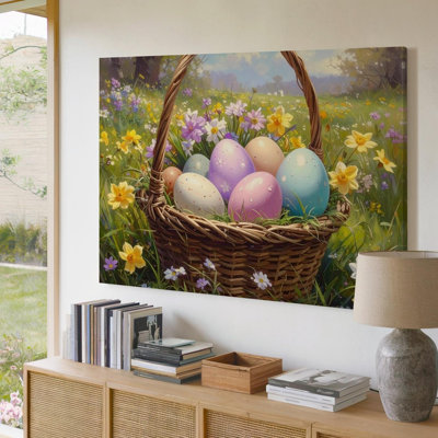 Canvas Wall Art Easter Basket With Colorful Eggs Canvasfestive Spring Ready To Hang Gallery Wrapped Home Decor Modern Design Premium Quality