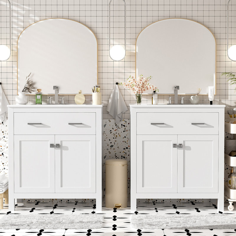 Ensemble de meuble-lavabo moderne avec meubles-lavabos doubles, lavabos en céramique, tablette réglable, portes à fermeture en douceur et tiroir rabattable