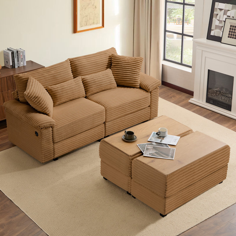 Corduroy Upholstered Sectional Sofa, 74" Sectional Cloud Couch With Lounge Chaise Ottoman Pillows For Living Room, Brown