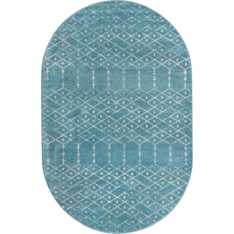 Tapis bleu sarcelle en polypropylène tissé à la machine Brissa, Ovale 5 pi 3 po x 8 pi