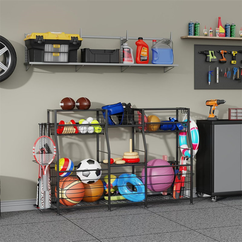 Rangement pour équipement de sport de garage, support de rangement pour balle de garage, système d'organisation de garage, support de tablette intérieur / extérieur pour équipement de sport
