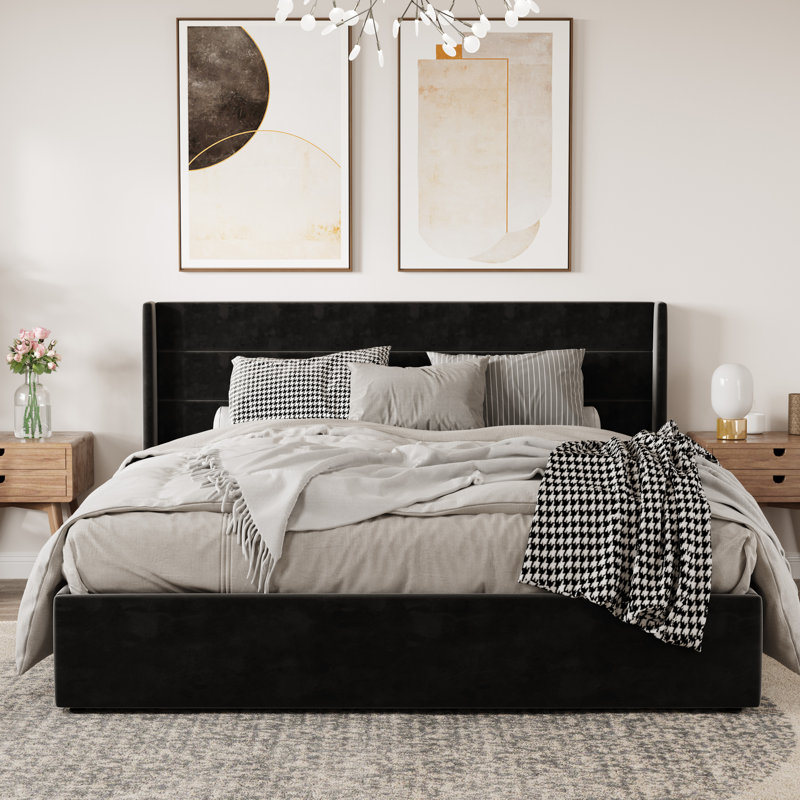 Braya Hydraulic Lift Up Storage Upholstered Platform Bed, King, Black Velvet