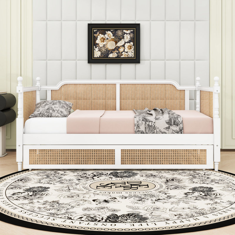 Rattan Wooden Daybed with Twin Trundle, Twin, Antique White