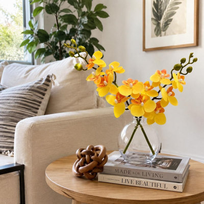 Arrangement floral orchidée phalaenopsis avec vase en verre transparent Real Touch | Centre de table unique en faux orchidée pour décoration de table de salle à manger, de chambre à coucher et de bureau