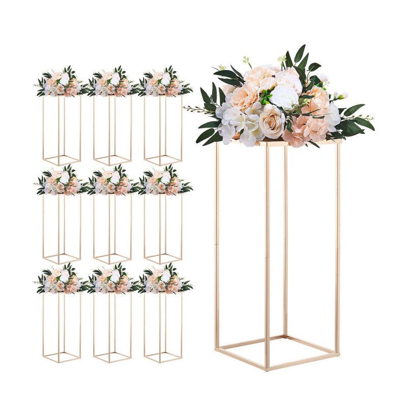 10-Piece Gold Metal Wedding Flower Stand Set - 23.6" Tall Rectangular Column Centerpiece Pedestals for Aisle, Reception & Event Decor