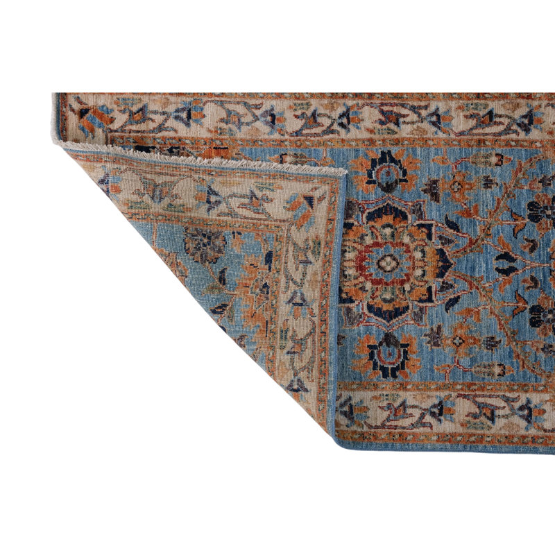 Hand Knotted Wool Area Rug in Blue And Beige