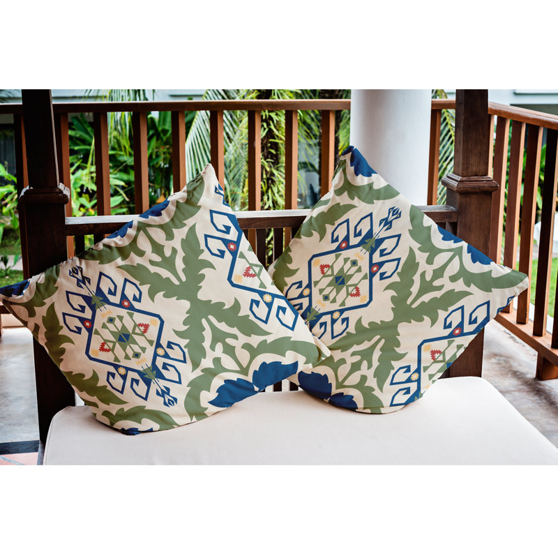 Coussin intérieur / extérieur Bombay Medallion, Bleu cobalt foncé / vert, 18 po x 18 po