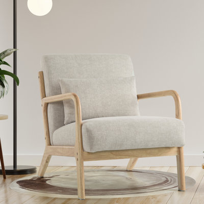 Chaise de salon d'appoint avec coussin rembourré de style Mid-Century pour petits espaces Chaise de lecture avec cadre en bois massif et fauteuil à coussins doux et épais pour balcon de chambre gris clair