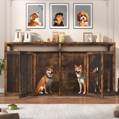 86.6"Large Dog Crate Furniture For 2 Dogs,Wooden Dog Crate Furniture With Divider Panel & Open Storage Shelf, Heavy-Duty Double Cage Dog,Dog Cage TV Stand