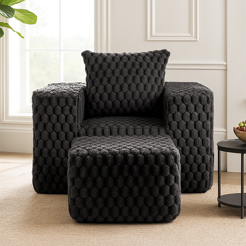 Fauteuil d'appoint rembourré en velours côtelé l 43 po avec repose-pieds Lingge, Noir