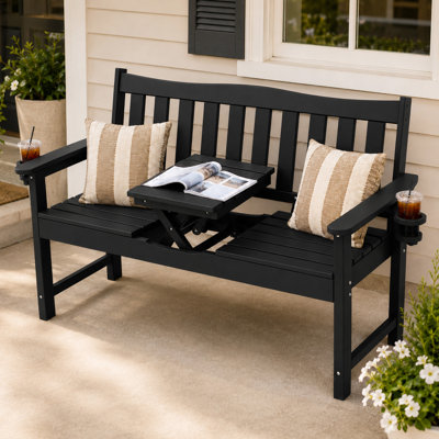 Banc de jardin en PEHD avec table pliante et porte-gobelets, convertible pour 1 à 3 personnes, résistant aux intempéries, idéal pour terrasse et jardin.