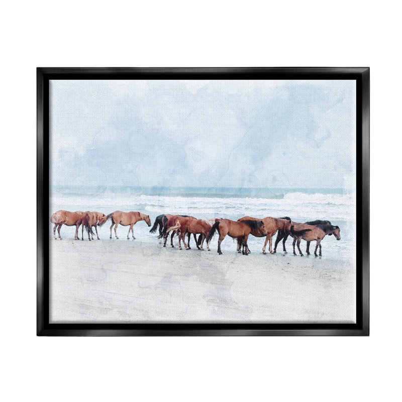 Toile de cheval sur une plage flottante, Cadre flottant noir de jais, H 17 po x l 21 po x P 1,7 po
