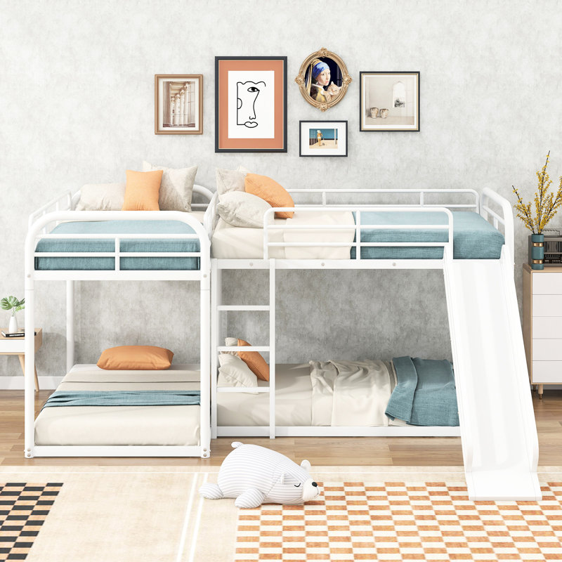Lit superposé moderne en forme de L avec glissière, blanc, pour lit double et simple en métal durable, Blanc