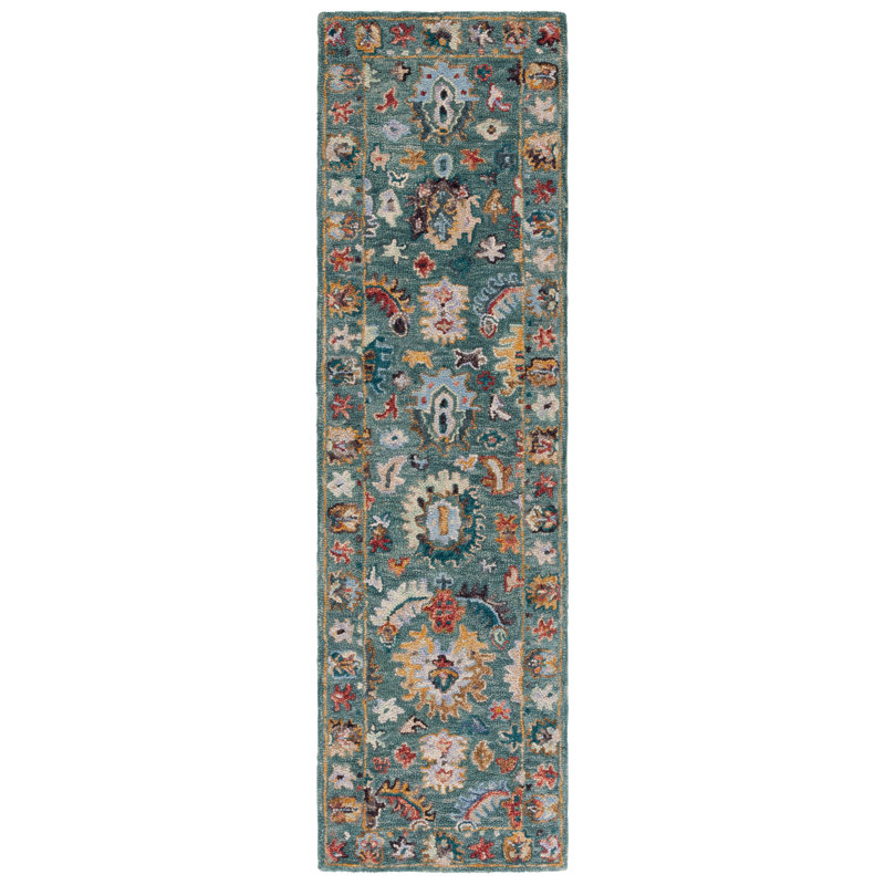 Shuo Tufted Wool/Cotton Performance Floral Rug in Blue/Rust, Runner 2'3" x 8'