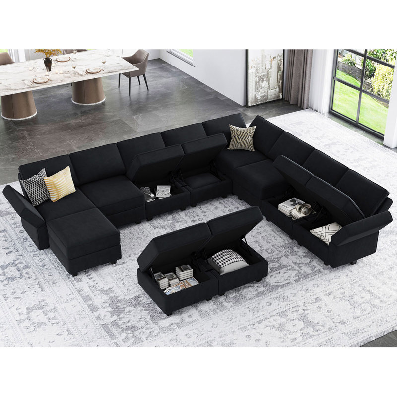 Wylodene 143'' W Oversized U Shaped Velvet Modular Sectional Storage Sofa Living Room Couch Set, Black Velvet