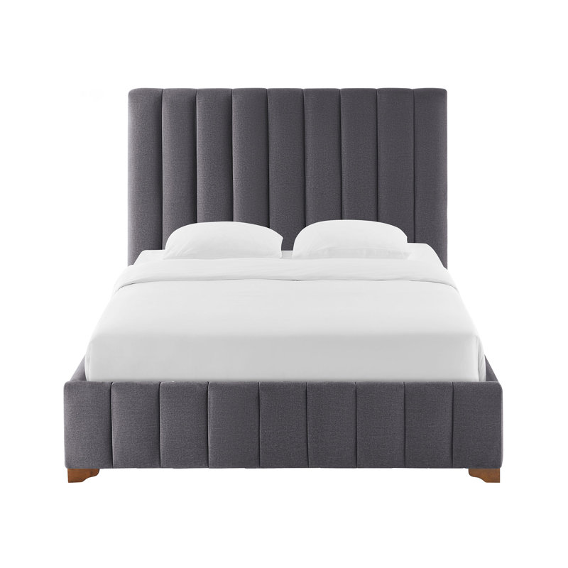 Lit plateforme double rembourré avec tête de lit en tissu et support à lattes de bois, Lit double