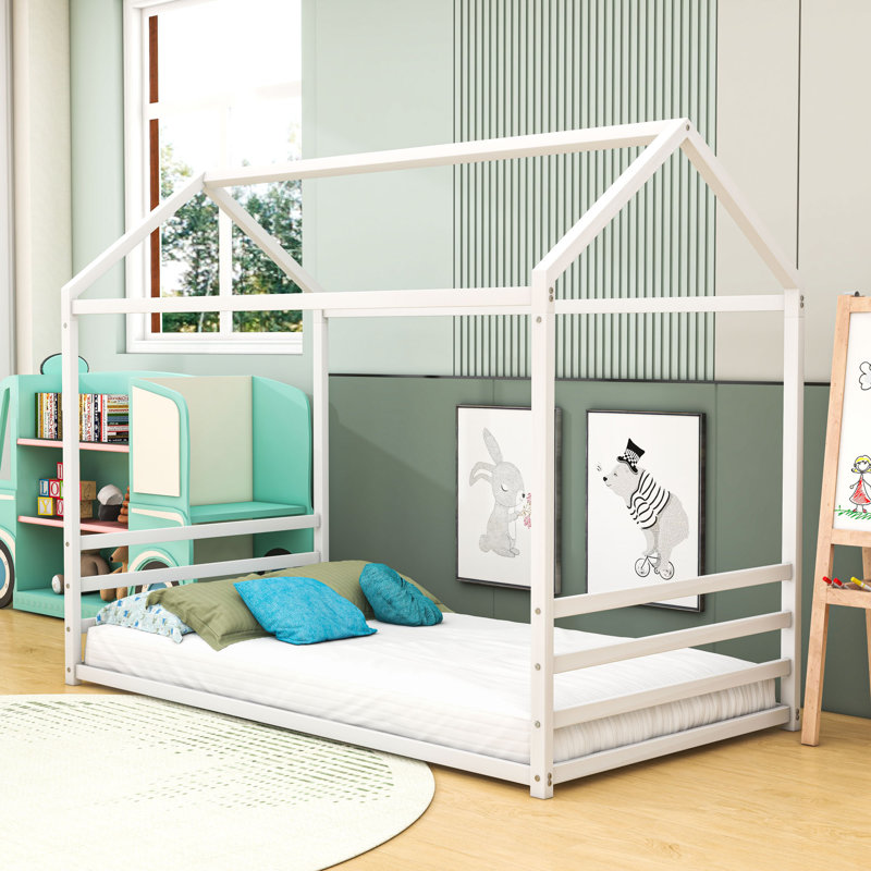 Metal Floor Bed With Guardrails, Twin, White