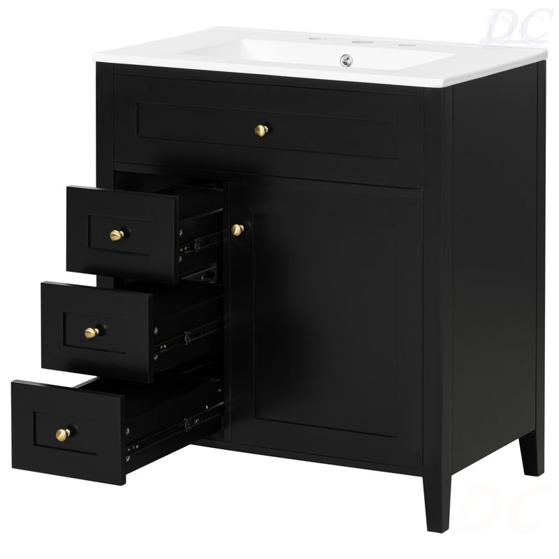 Meuble-lavabo de 30 pouces avec lavabo, panneau de fibres à densité moyenne moderne et bois d'hévéa avec 3 tiroirs et tablette réglable, meuble-lavabo autoportant pour le rangement et l'organisation de la salle de bain