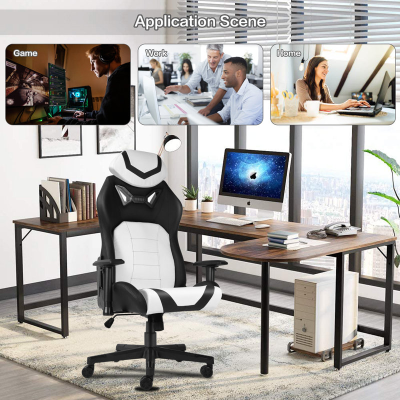 Inbox Zero Adjustable Ergonomic Swiveling PC & Racing Game Chair, White/Black