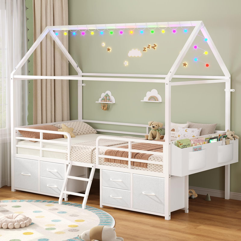 Structure de lit simple avec 6 tiroirs, lit en forme de maison avec guirlande de lumières sphériques, lit mezzanine bas avec garde-corps de sécurité, échelle inclinée, pas besoin de boîte de rangement, peu d'espace pour la chambre à coucher