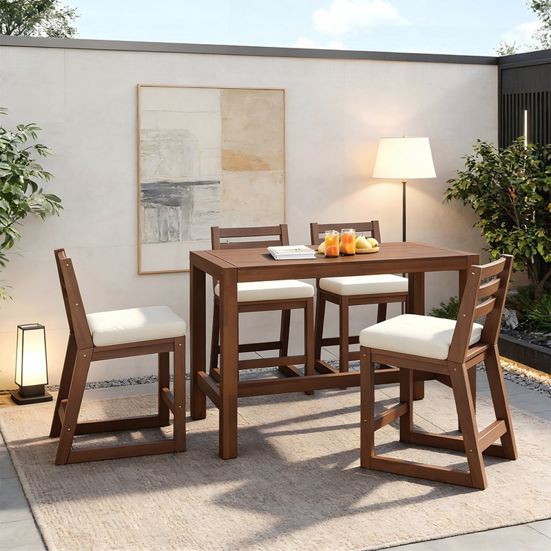 Ensemble de bar rustique 5 pièces avec chaises ergonomiques et plateau en lattes de bois massif pour l'extérieur, Moka