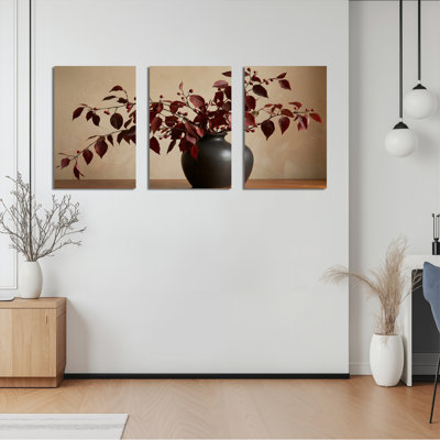 Feuilles rouges et baies dans un vase noir, reproduction d'art sur toile tendue sur toile, ensemble de 3, pour salon, chambre à coucher ou bureau