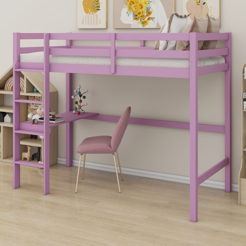 High Loft Bed, Wood Loft Bed With Safety Guardrail, Built-In Desk, Ladder, Pink