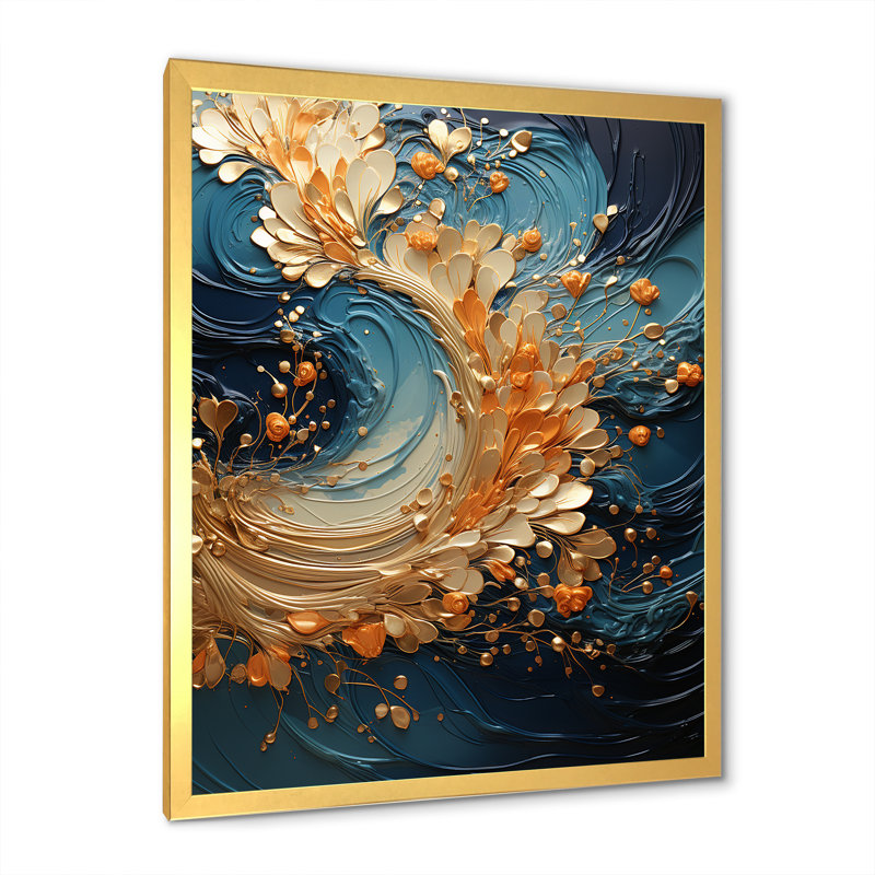 Abstrait, art mural sur toile Golden Sapphire, Cadre doré simple, H 32 po x l 16 po x P 1 po