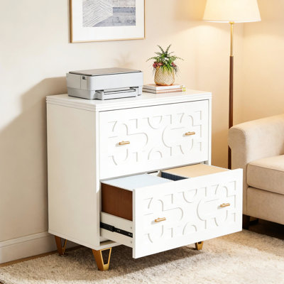 Classeur à deux tiroirs blanc, modèle de rangement blanc nordique, réglable pour différentes tailles de dossiers, rails coulissants lisses, fabrication et poignées dorées faciles à assembler