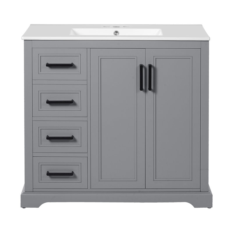 Meuble-lavabo moderne de 36 po de couleur grise, lavabo en céramique, fonction de fermeture en douceur, 3 tiroirs, tablette ajustable, structure solide, poignées luxueuses, gris expérience silencieuse avec charnières, rangement spacieux, alliage de zinc