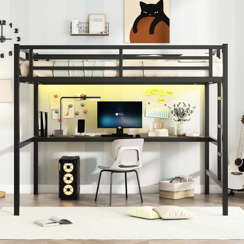 Lit mezzanine en métal avec bureau, Power Point, réduction du bruit à DEL, bureau noir et charge pratique