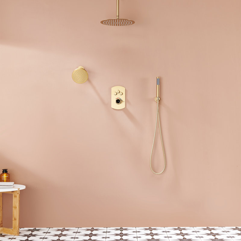Système de douche complet avec deux pommes de douche à effet pluie Calder, Or brossé