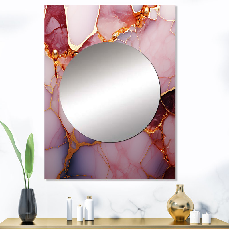 Fjodor Gold and Pink Marble Essence II - Marble Large Wall Mirror, Modern Unique Mirror, Printed Metal Art, 40" x 30"
