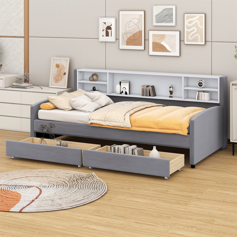 Upholstered Platform Bed With Storage And Drawers, Gray