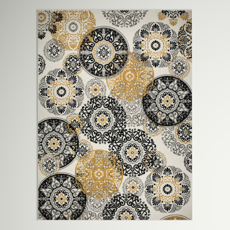 Highlawn Damask Indoor / Outdoor Area Rug in Yellow/Black/White Andover Mills Rug Size: Rectangle 7'9 x 10'6